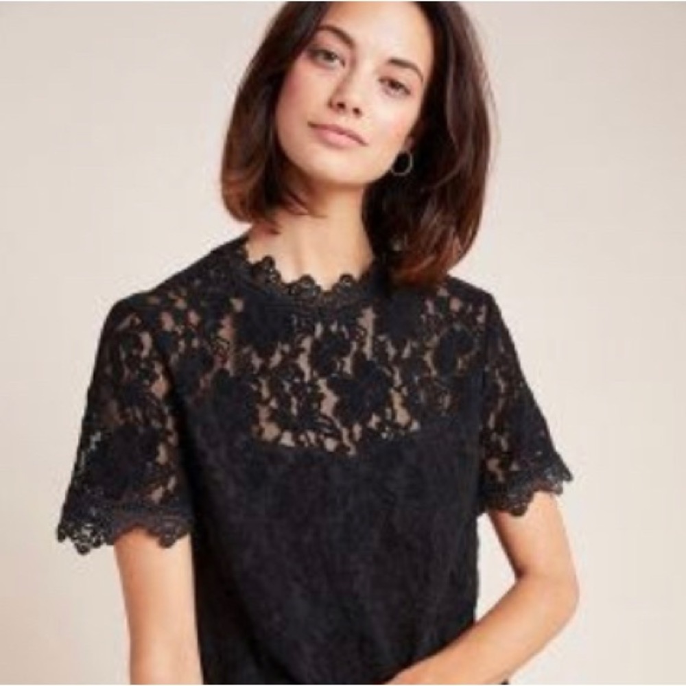 Anthropologie Teresa Mock Neck Lace Top in Black